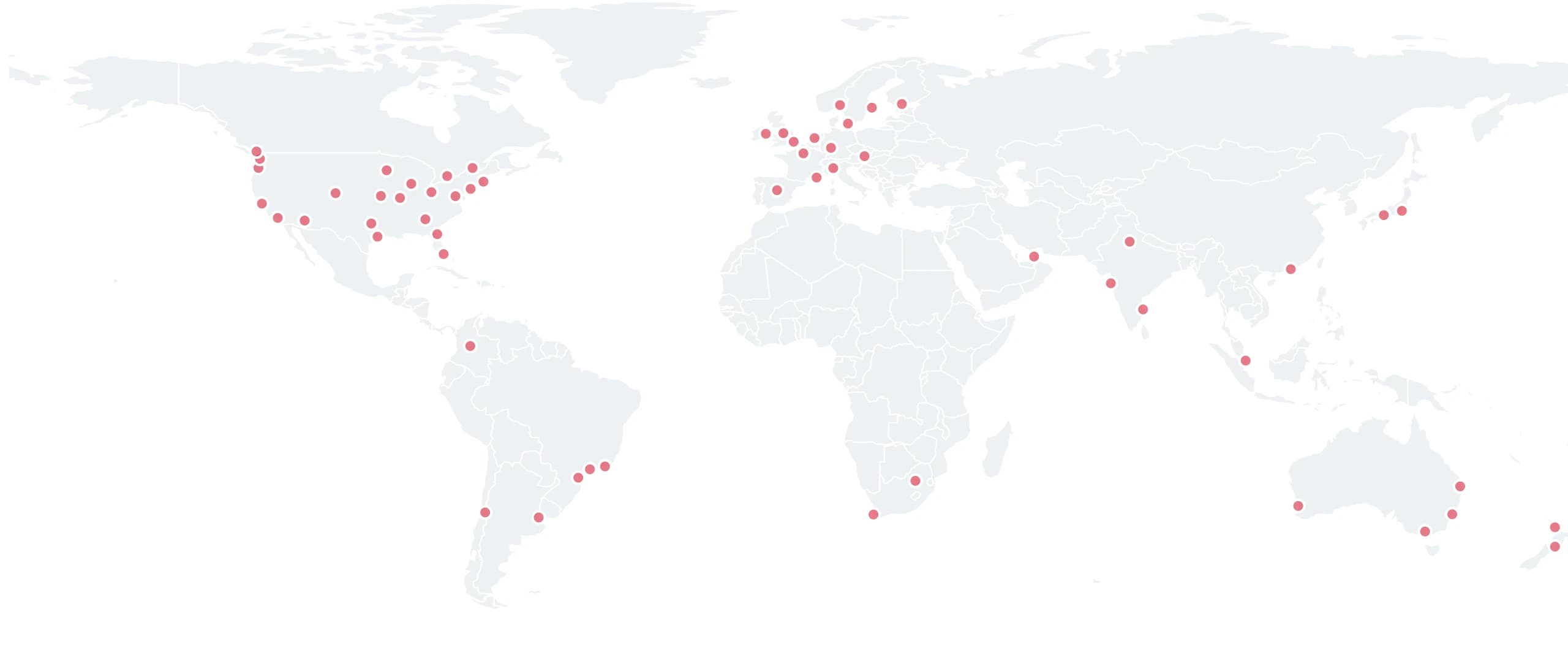 Map with our edge locations, this map contains all of the 68 Fastly Points Of Presence we are caching in