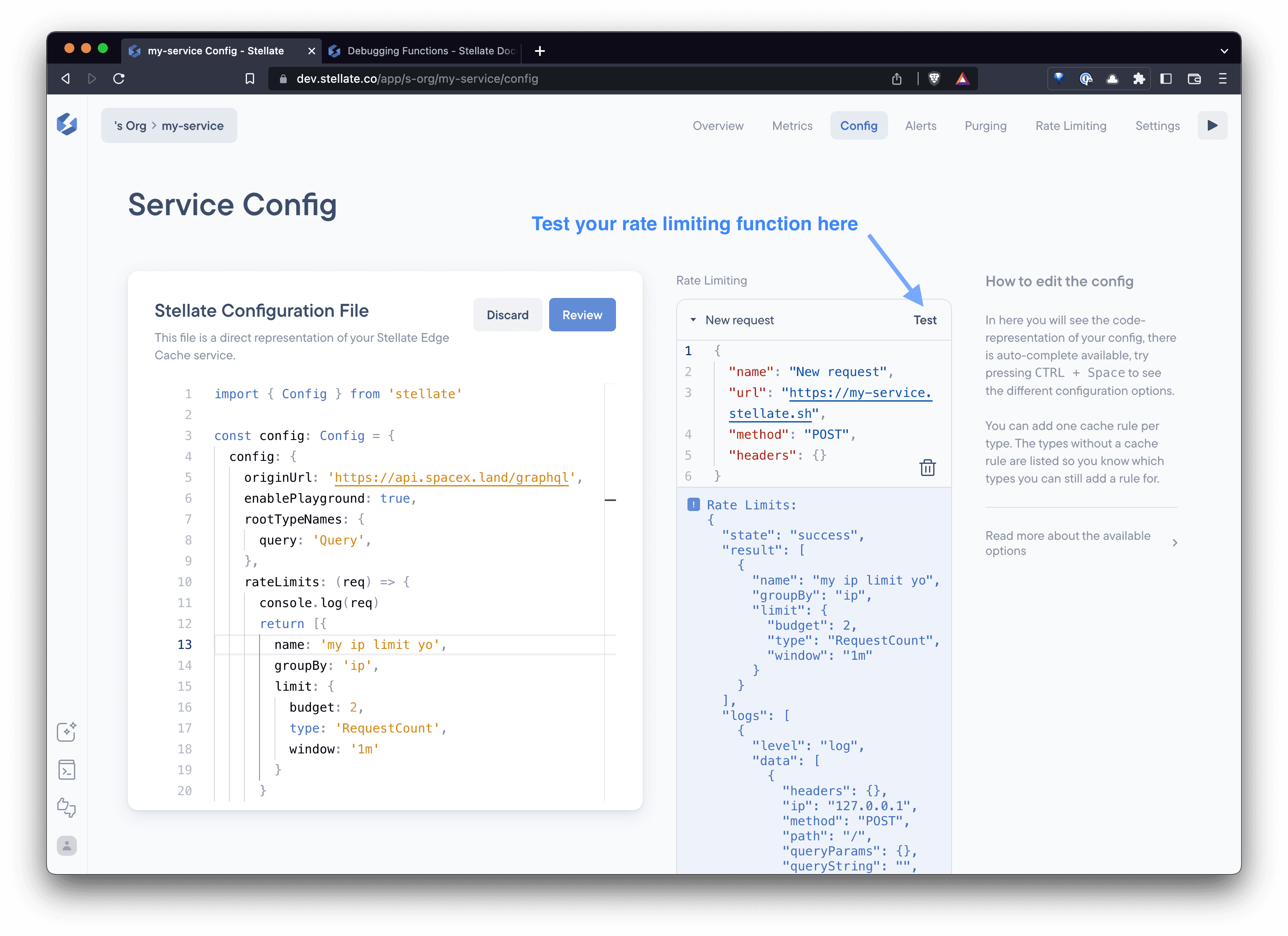 Debugging the function in the dashboard